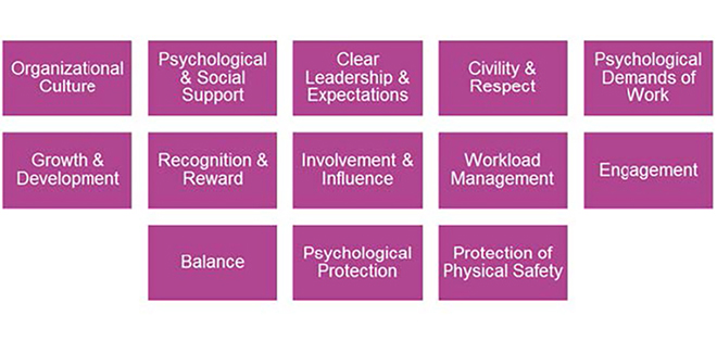 Thirteen workplace factors tied to psychological safety are identified in a berry rectangle