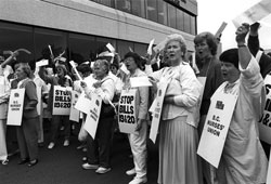 BCNU members with placards protesting Bill Vander Zalm’s Bill 19 and 20