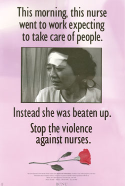 Violence poster created in 1992 of a black and white image of a woman with a bandage on the forehead and a red rose below the photo