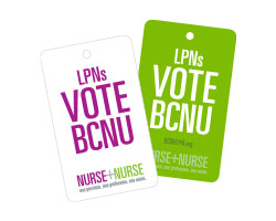 Two cards - a white card with pink text, LPNs Vote BCNU, on top of green card with white text, LPNs Vote BCNU