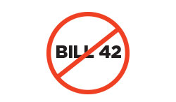 Image of text, Bill 42, in a red circle with a red diagonal slash over text