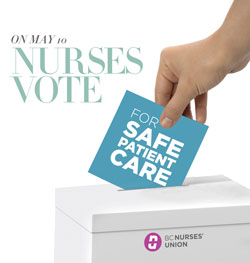 Hand placing a blue card with white text, Safe Patient Care, into a ballot box