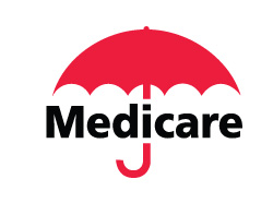 Illustration of a red umbrella with black text Medicare across the handle