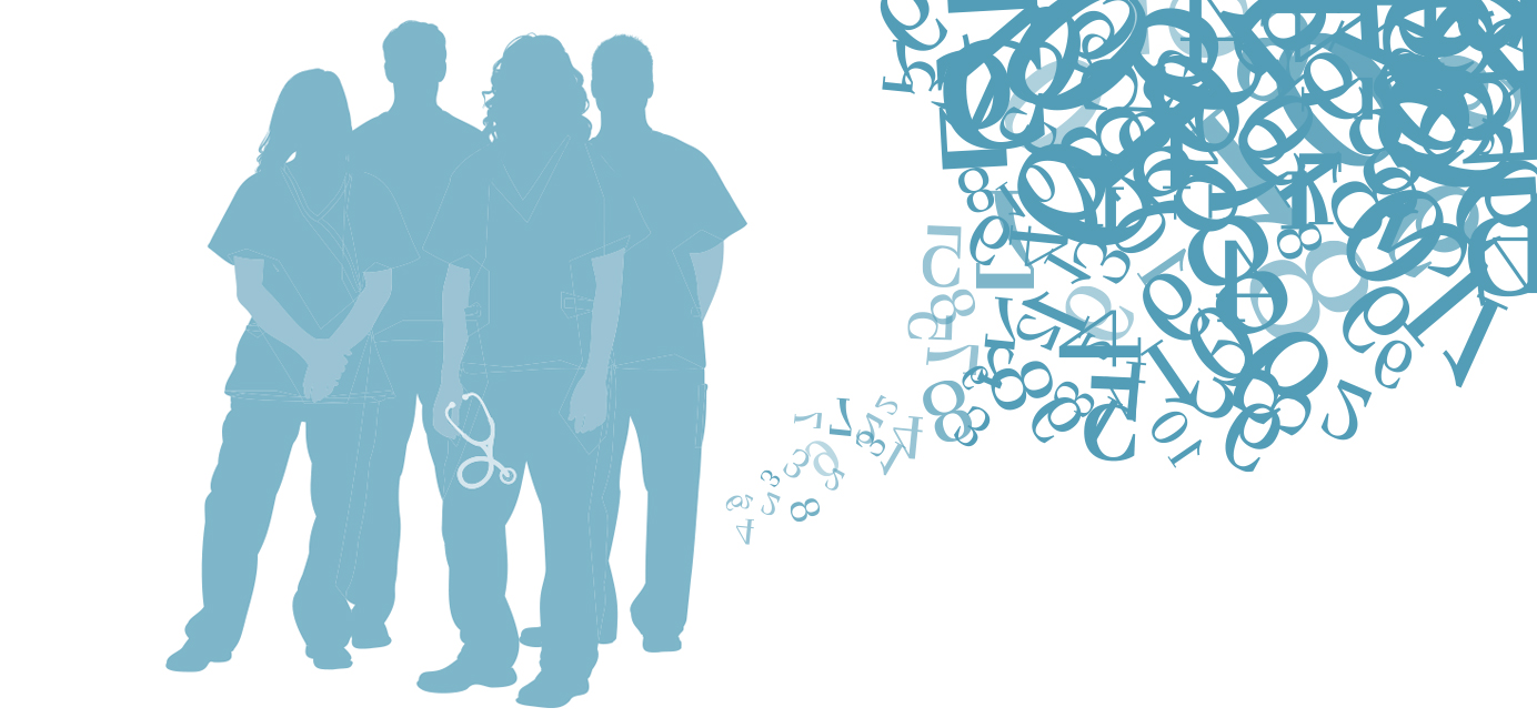 Illustration of nurse silhouettes standing together with cluster of numbers to the right