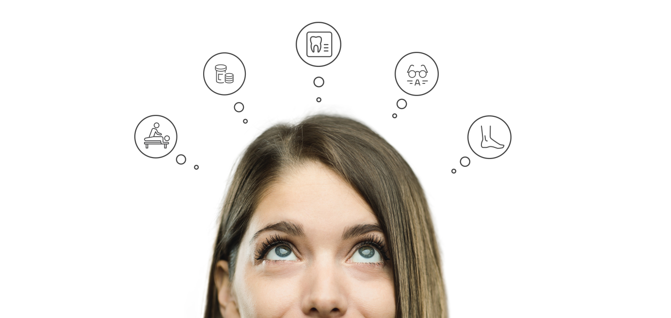 Close up of woman's eyes looking up into health benefit icons