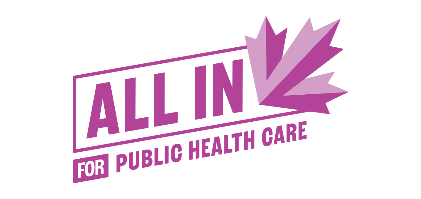 Text which says "All in for public heath care" in BCNU berry colour
