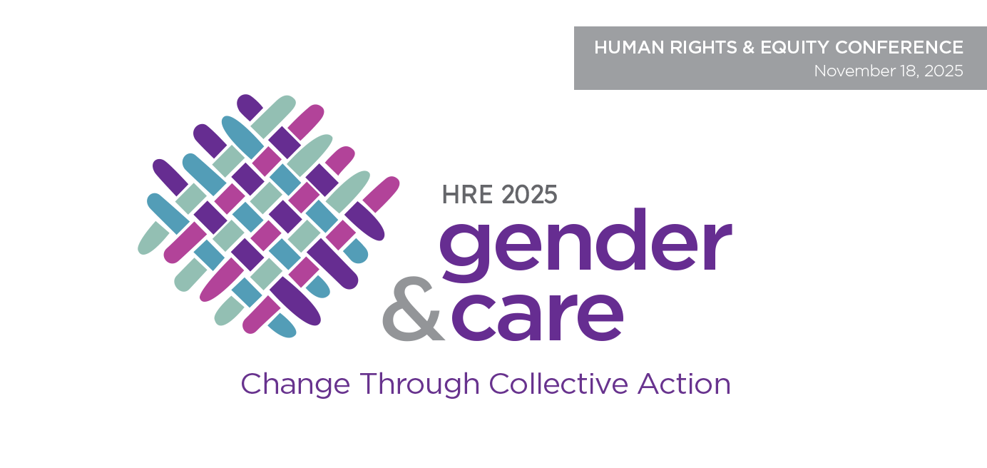 Drawing of woven fabric. Text to the right saying "HRE 2025, gender & care, change through collective action"