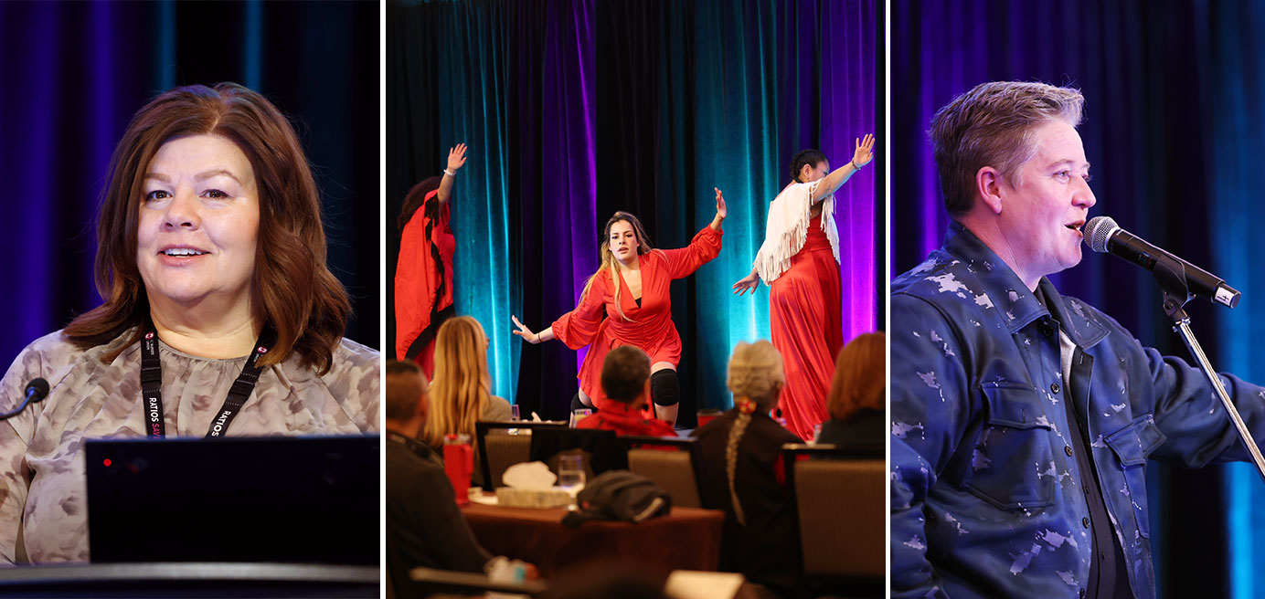 From left: BCNU President Adriane Gear welcomes conference attendees. Butterflies in Spirit, an Indigenous dance group performs in honour of missing and murdered Indigenous women, girls and Two-Spirit people. Author Ivan Coyote shares poignant personal stories about seeking health care as non-binary, trans person. 