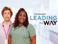 Picture of two nurses facing the camera. Text to the right of them says "Stewards Leading the Way"