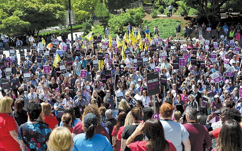 More than 500 BCNU members gathered at the Vancouver Art Gallery calling for safer workplaces, joined by BCGEU and HSA members.
