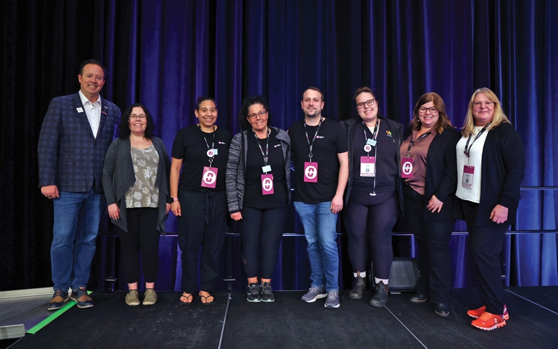 BCNU CEO Jim Gould with Provincial Job Action Committee members Tannis Keteca, Julie Bodden, Sabrina Vogt, Jose Huberdeau, Gina Neumann, BCNU President Adriane Gear, and BCNU Treasurer Sharon Sponton.
