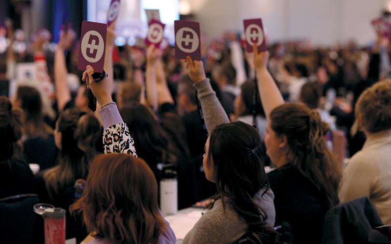 Delegates vote on a resolution. 