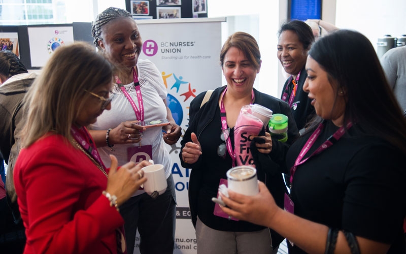 From left: Richmond Vancouver region’s Rupi Dhaliwal, Simon Fraser region’s Tracia Batson-Dottin, South Fraser Valley region’s Tash Minwalla, Coastal Mountain region’s Jasmin Pinto and South Fraser Valley region’s Parveen Kooner connect on a coffee break.