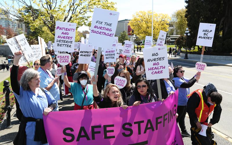 BCNU members take their message to the public in a march along Victoria’s Inner Harbour May 10.