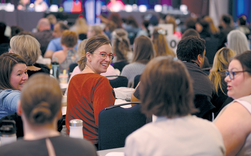 Delegates convene during a break. 