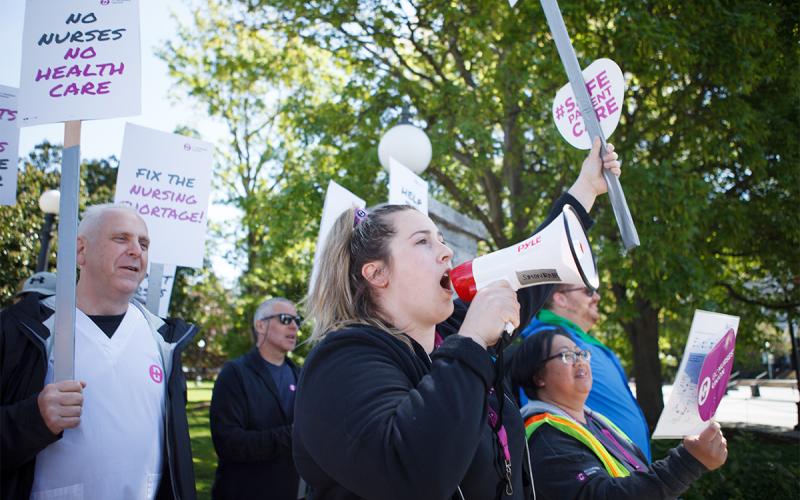 BCNU members take their message to the public in a march along Victoria’s Inner Harbour May 10.