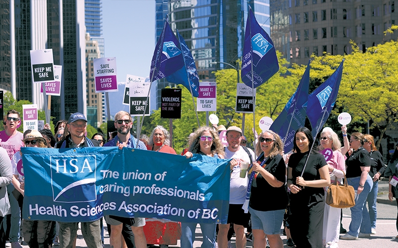 Representatives from the Health Sciences Association of BC, who represent allied health-care members, joined BCNU members at the convention rally. 