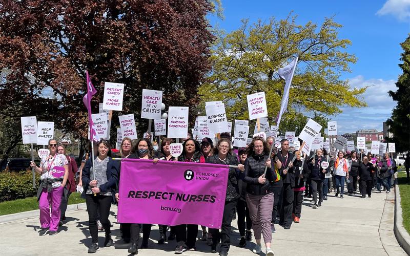 BCNU members take their message to the public in a march along Victoria’s Inner Harbour May 10.