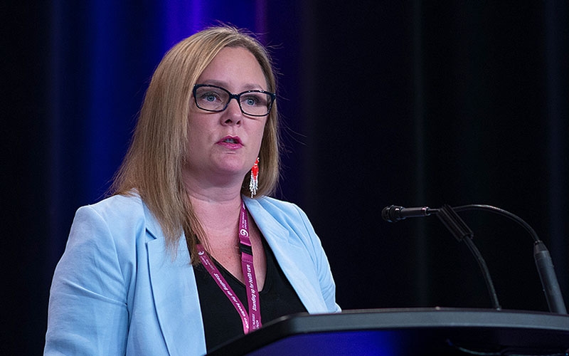 BCNU executive councillor for pensions and seniors care Michelle Sordal reports to delegates.