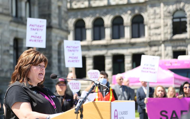 BCNU Vice President Adriane Gear addresses members from the steps of the provincial legislature May 10.