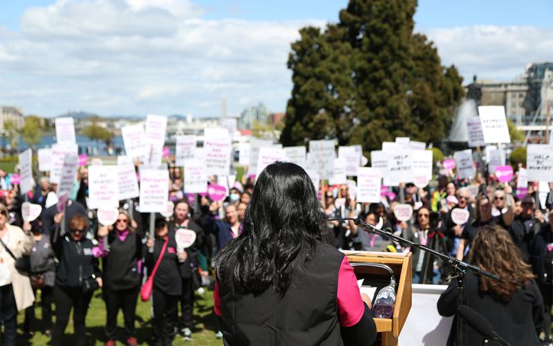 BCNU President Aman Grewal addresses members from the steps of the provincial legislature May 10.