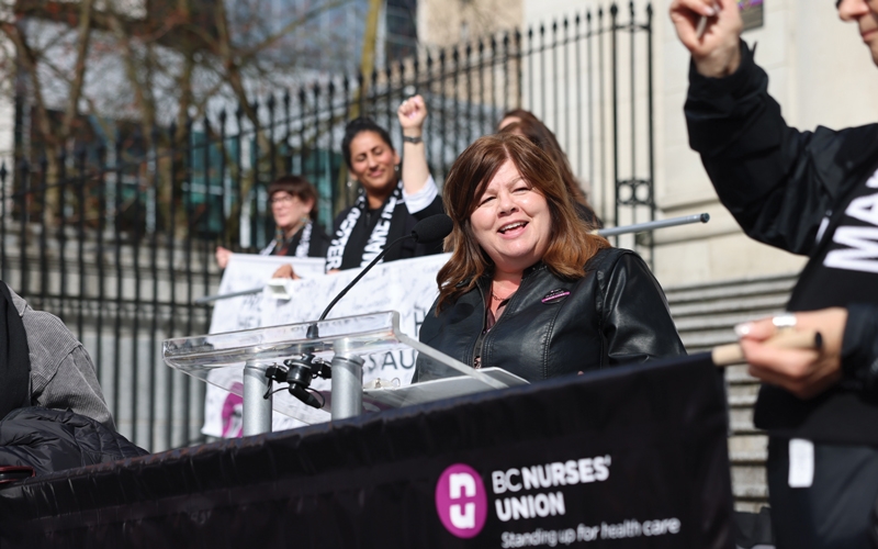  BCNU President Adriane Gear speaks to rallying members.