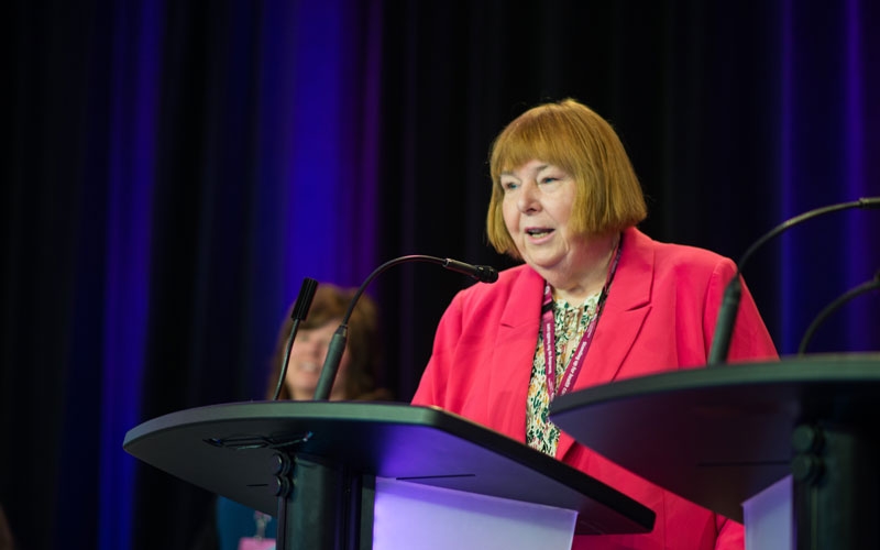 Past BCNU President Debra McPherson speaks to delegates on the renaming of the BCNU Education Bursary the “Debra McPherson Education Bursary.” 