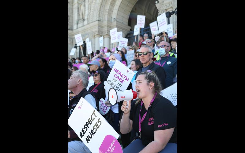 BCNU members take their message to the steps of the provincial legislature May 10.