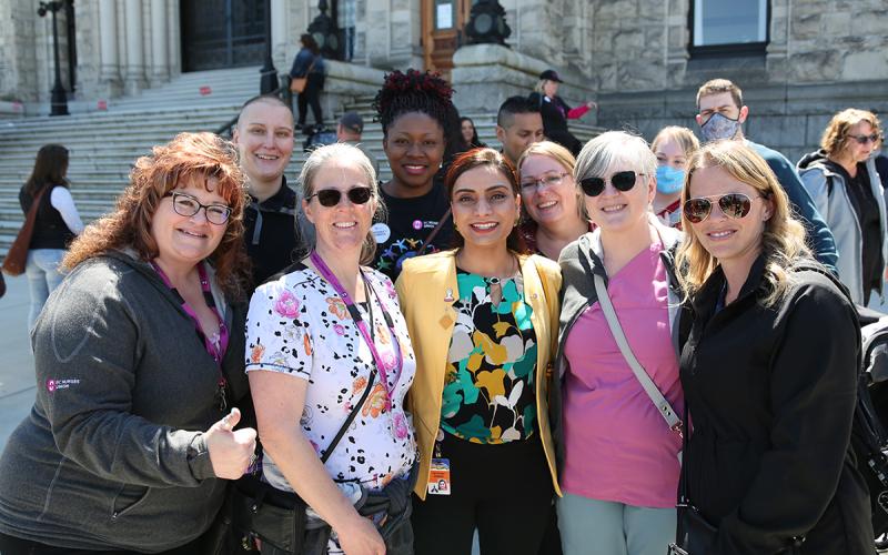 Vernon-Monashee MLA and nurse Harwinder Sandhu joins fellow BCNU members following rally at the provincial legislature May 10.