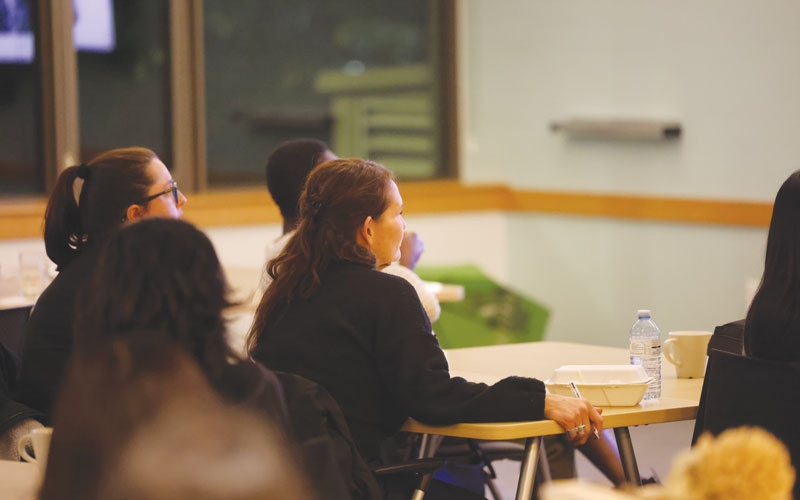 VOICES OF COMPASSION Grassroots advocates and BCNU members push for change to government policies harming people who use drugs. Participants listen to Provincial Health Services Authority’s Joe Gallagher about the challenges he and other Indigenous leaders have faced when promoting Indigenous-specific racism and cultural safety and humility in health-care settings. 