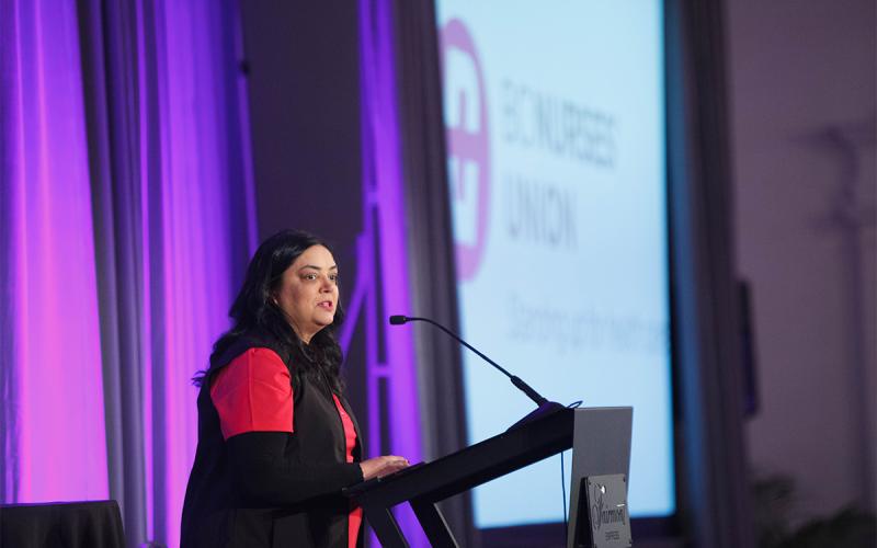 BCNU President Aman Grewal addresses union activists on the morning of May 10.